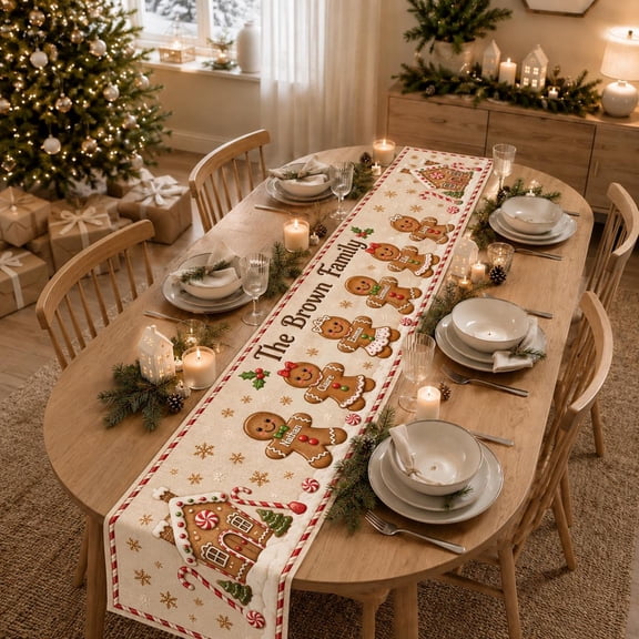 Superior Table Runners Personalized Gingerbread Family with Custom Names and Candy Cane Village Polyester Table Runner, Printed Christmas Dining Decor, 48 x 13 in