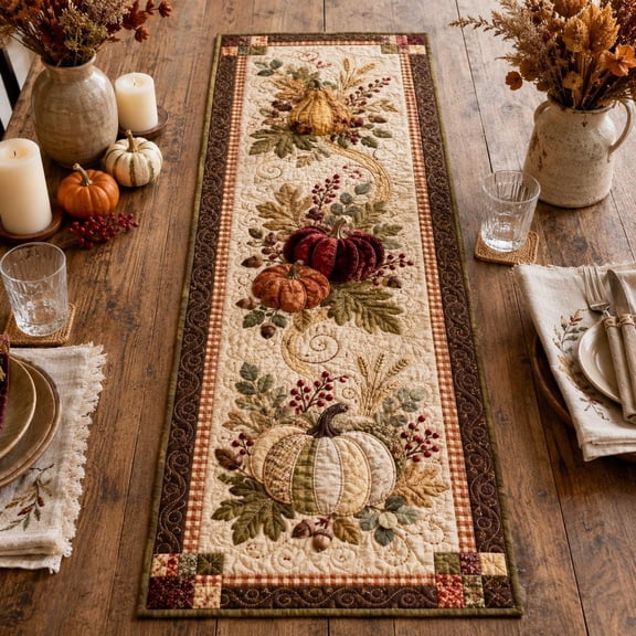 Superior Table Runners Pumpkins Wheat Berries Leaves and Harvest Botanicals Polyester Table Runner, Graphic Print Dining Table Decor for Kitchen, Buffet and Holiday Gatherings, 72 x 13 in