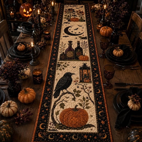 Superior Table Runners Raven Lantern Pumpkin Moon and Gothic Botanicals Polyester Table Runner, Graphic Print Dining Table Decor for Kitchen, Buffet and Holiday Gatherings, 48 x 13 in
