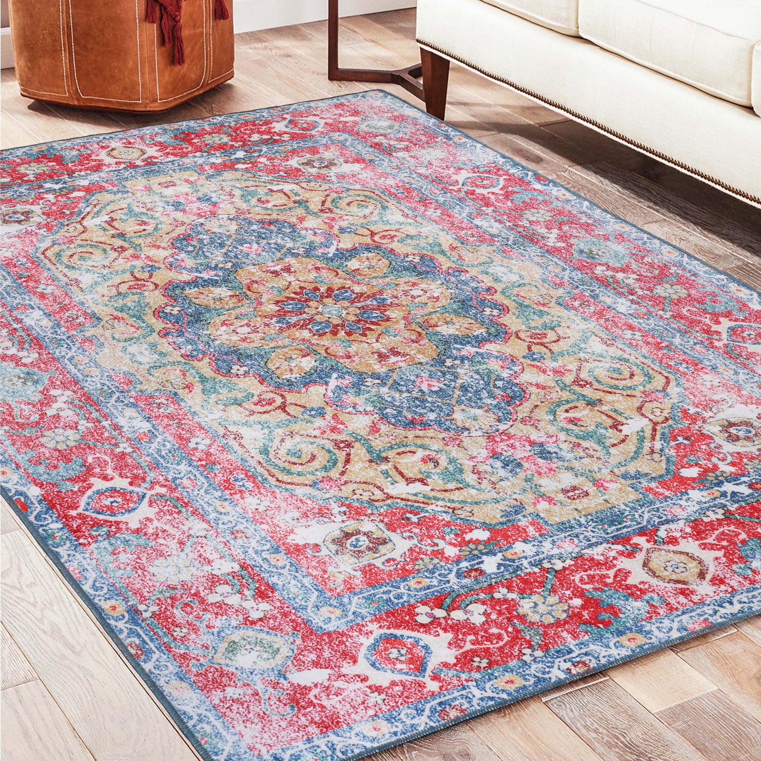 Superior Vintage Boho Chic Medallion Washable Synthetic Area Rug, 4' x 6', Red