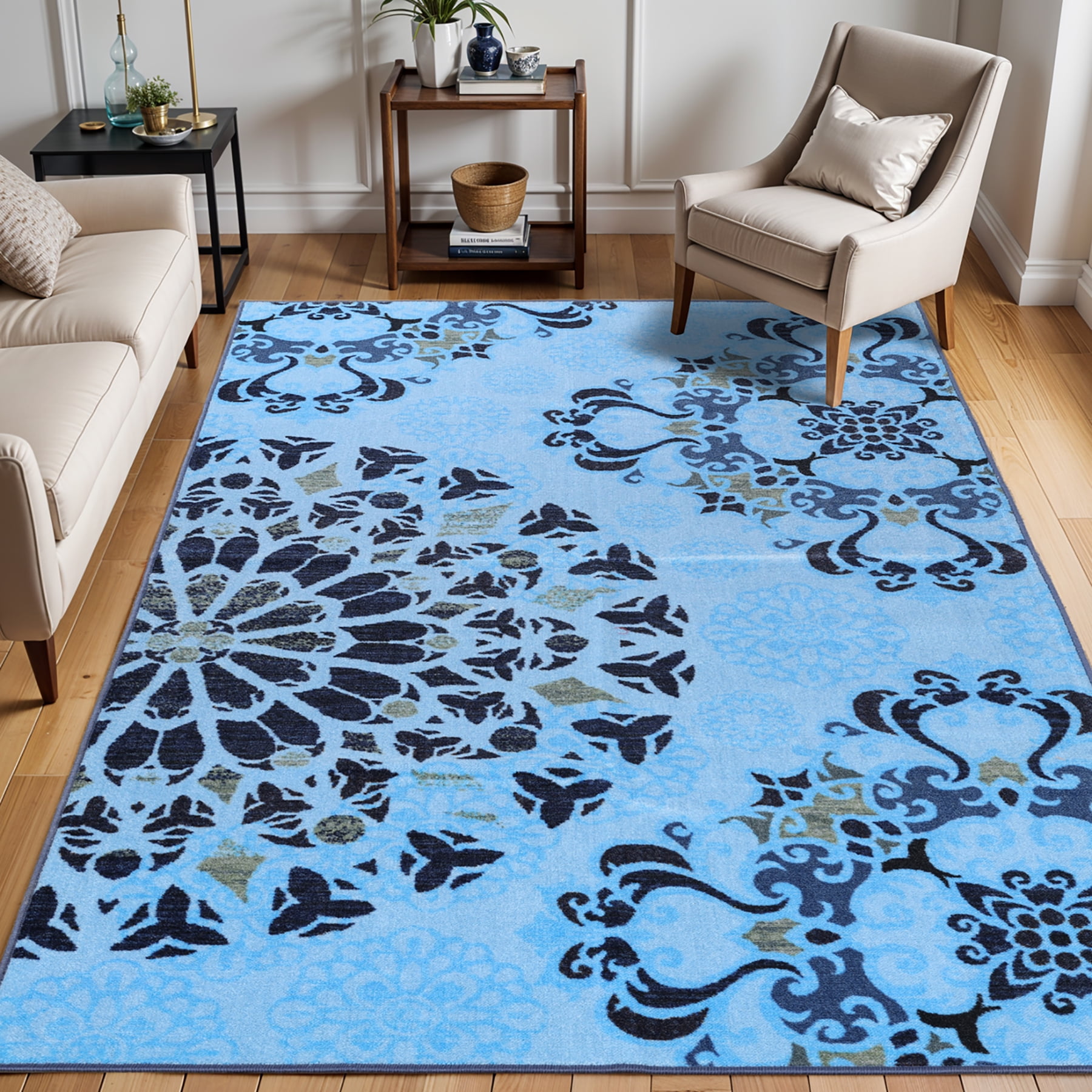 Boho Chic Light Blue Medallion 8' x 10' Easy-Care Area Rug