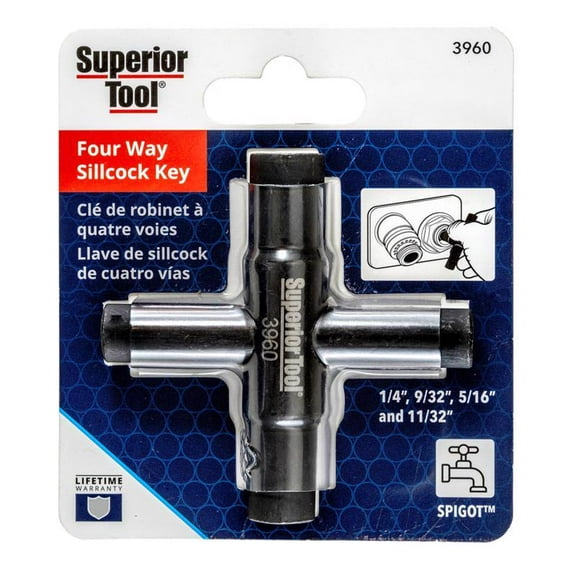 Superior Tool 3960 4-Way Outdoor Sillcock Key, Compact, Square Stems - Quantity 1
