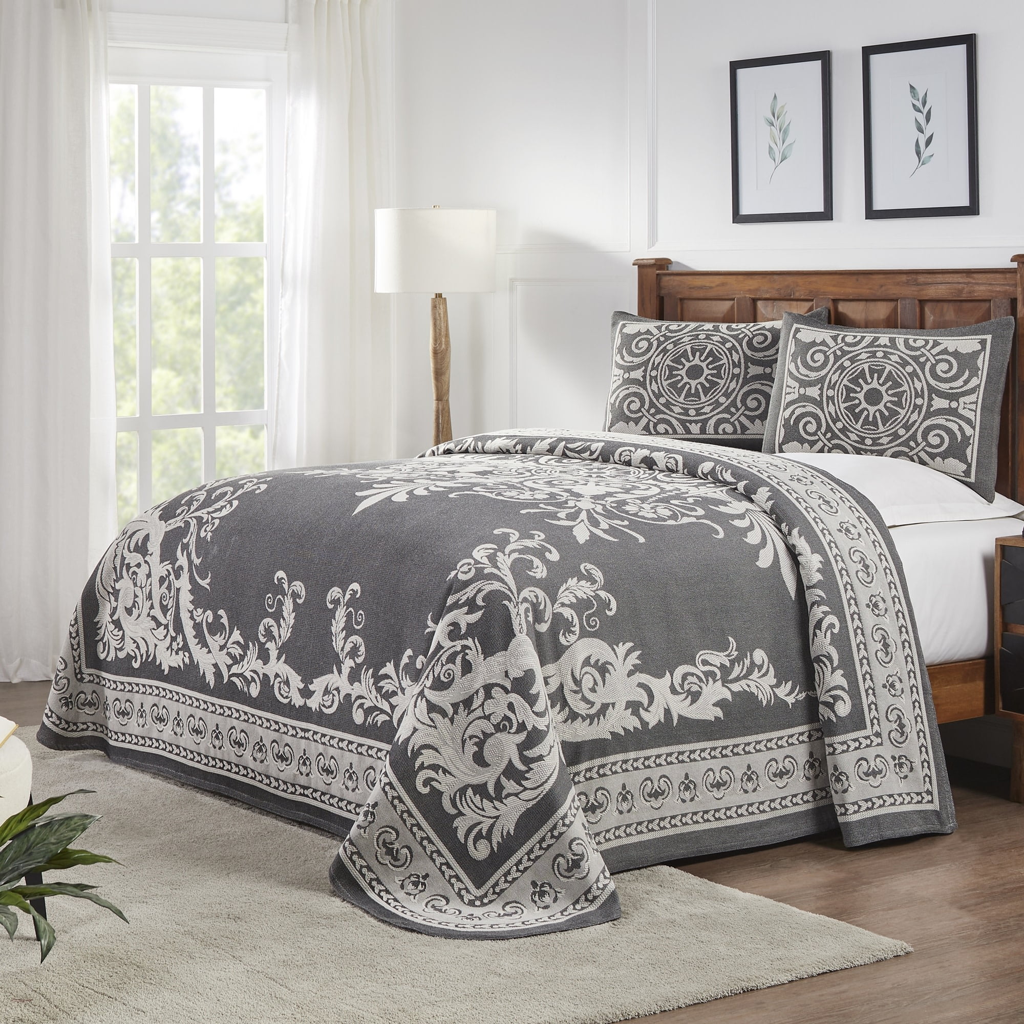 Superior Traditional, Farmhouse, Bohemian Charcoal Medallion, Geometric, Oriental Reversible Bedspreads Queen 3 Count