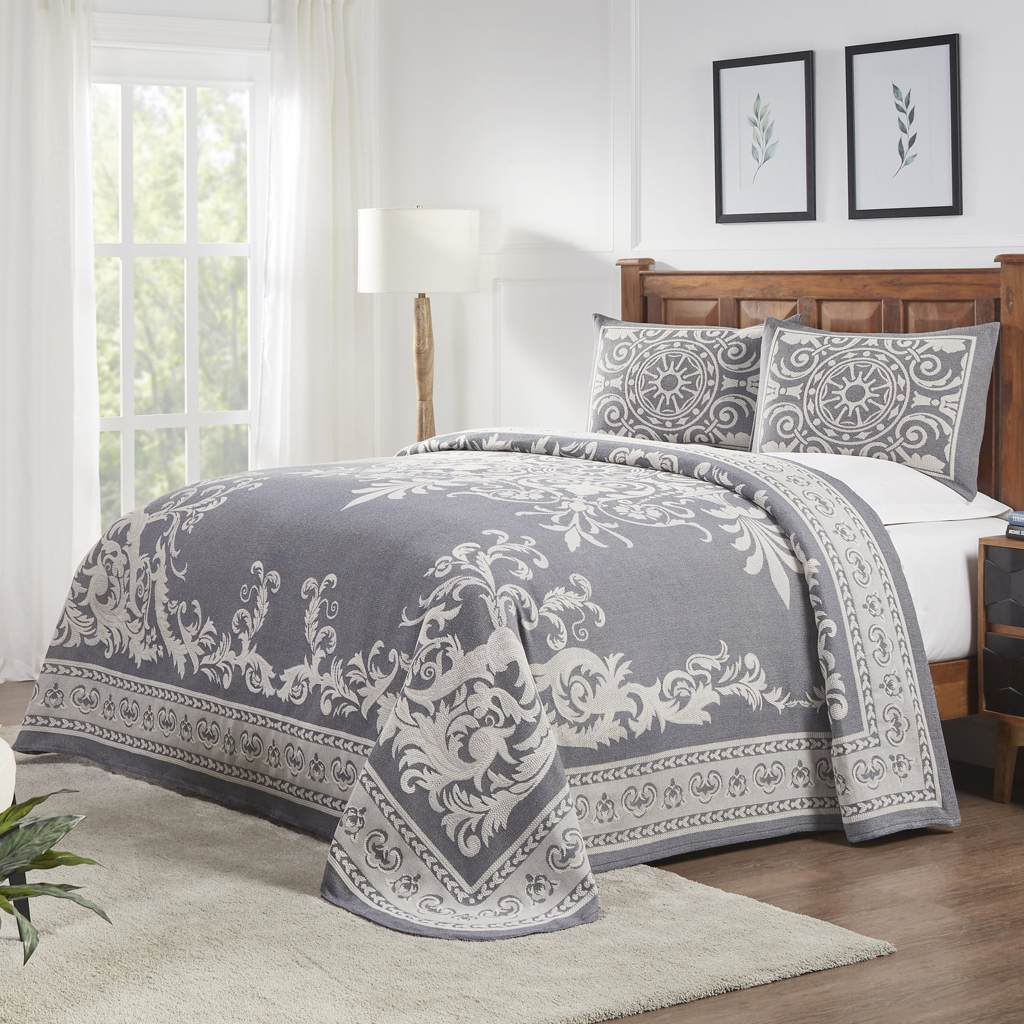 Superior Traditional, Farmhouse, Bohemian Denim Blue Medallion, Geometric, Oriental Reversible Bedspreads King 3 Count
