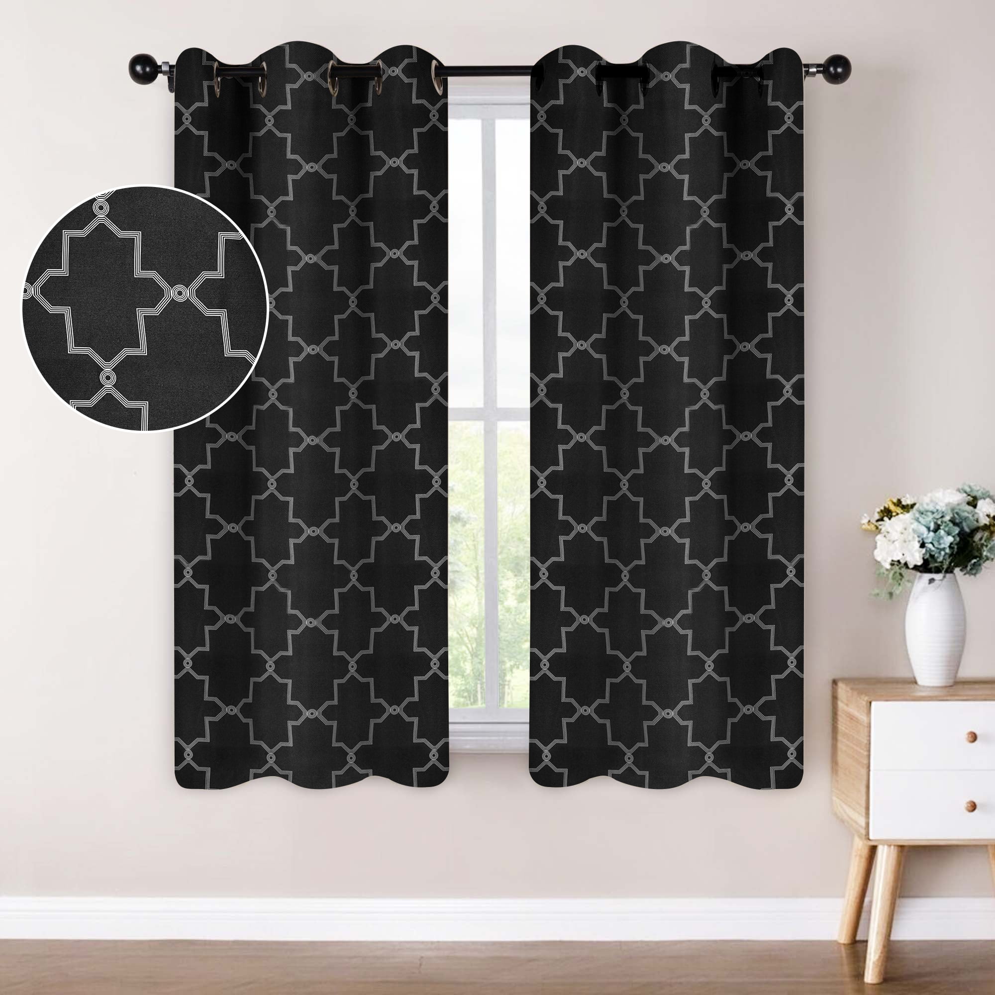 Superior Trellis Blackout Curtains, Rod Pocket, Set of 2, 42" x 63", Black