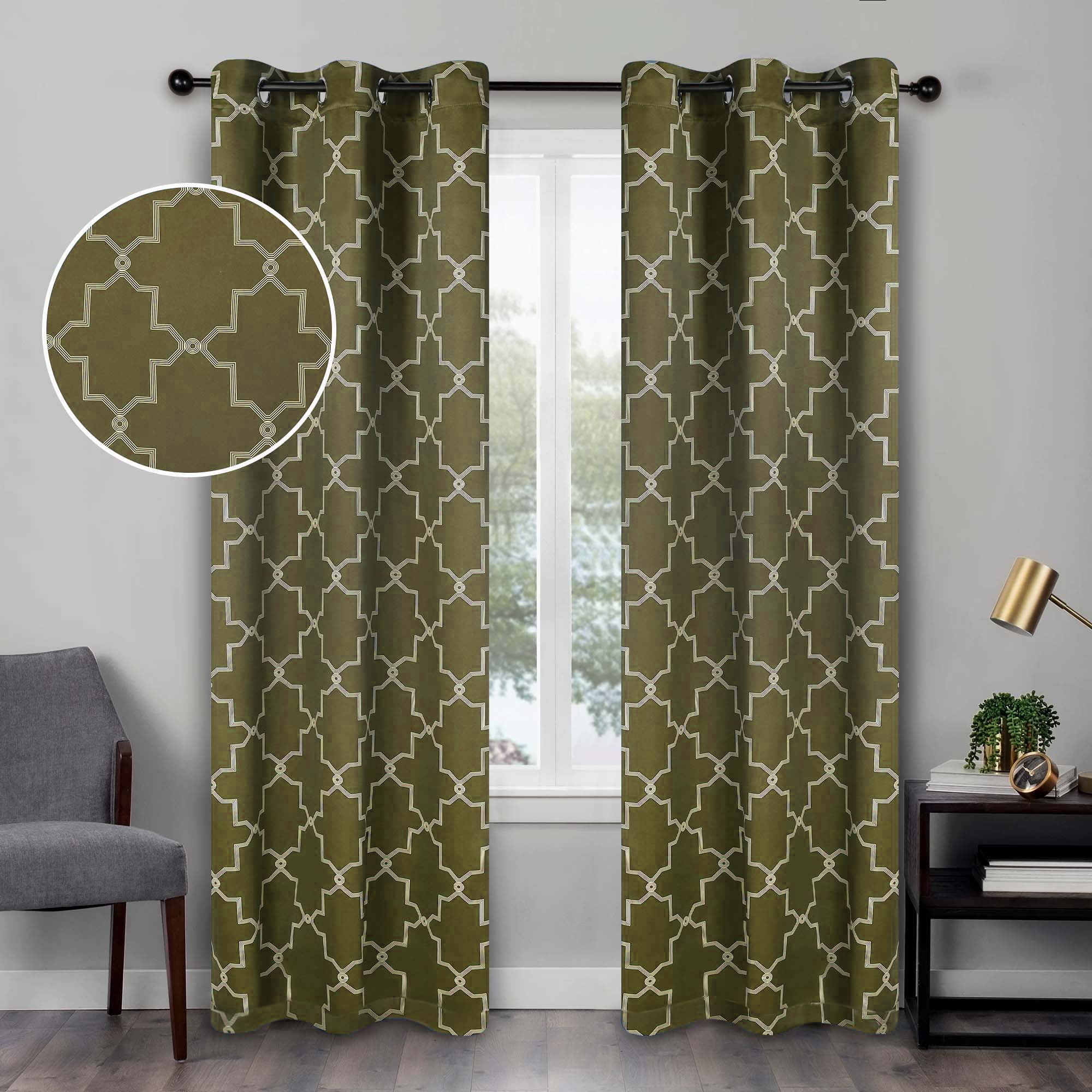Superior Trellis Blackout Grommet Curtain Panel Pair, Set of 2 Curtains, 42"W x 96"L, Olive Green