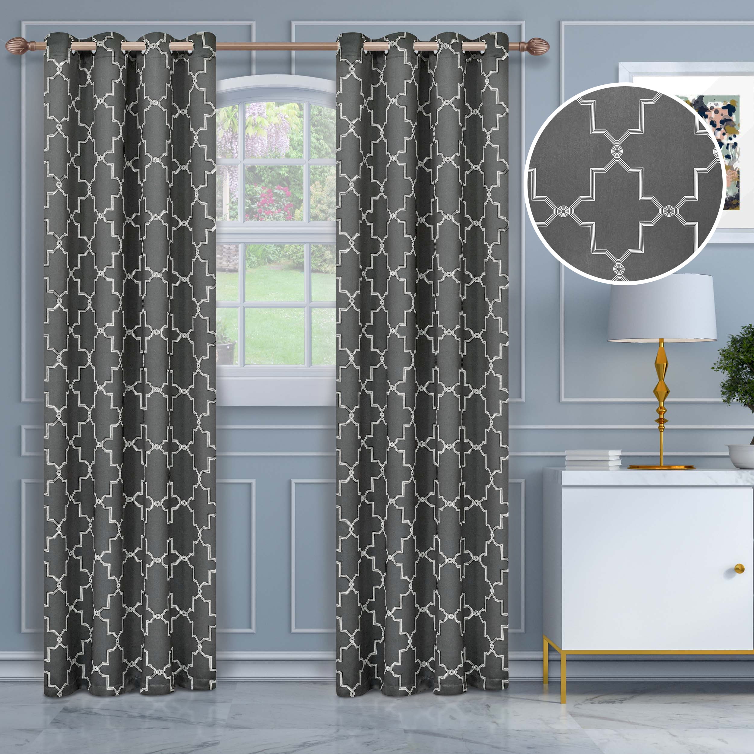 Superior Trellis Blackout Grommet Curtain Panel Pair, Set of 2 Curtains, 52"W x 108"L, Charcoal