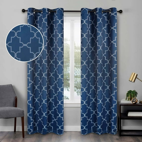 Superior Trellis Blackout Grommet Curtain Panel Pair, Set of 2 Curtains, 52"W x 63"L, Navy Blue