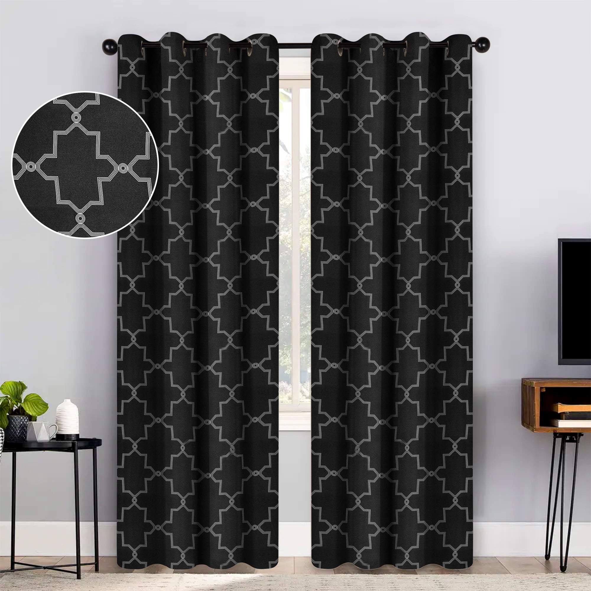 Superior Trellis Blackout Grommet Curtain Panel Pair, Set of 2 Curtains, 52"W x 84"L, Black