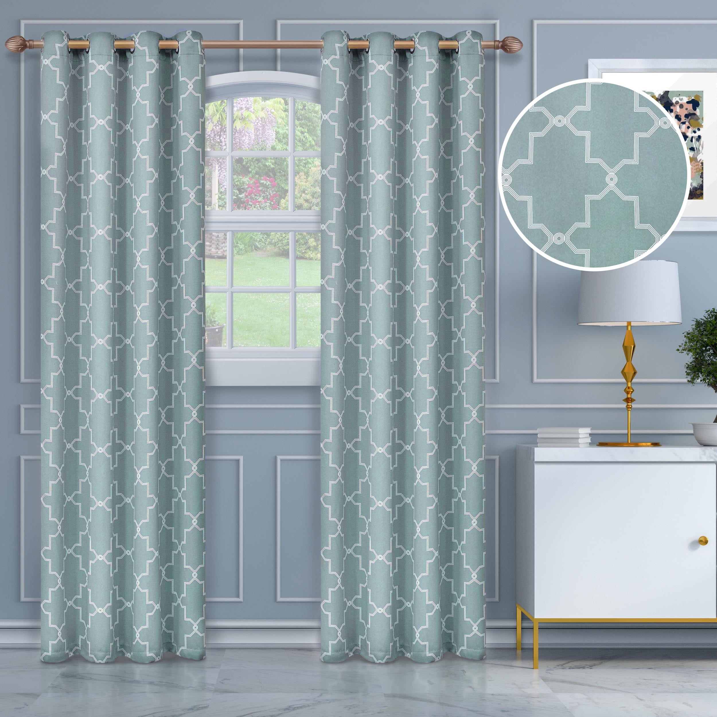 Superior Trellis Blackout Grommet Curtain Panel Pair, Set of 2 Curtains, 52"W x 84"L, Teal
