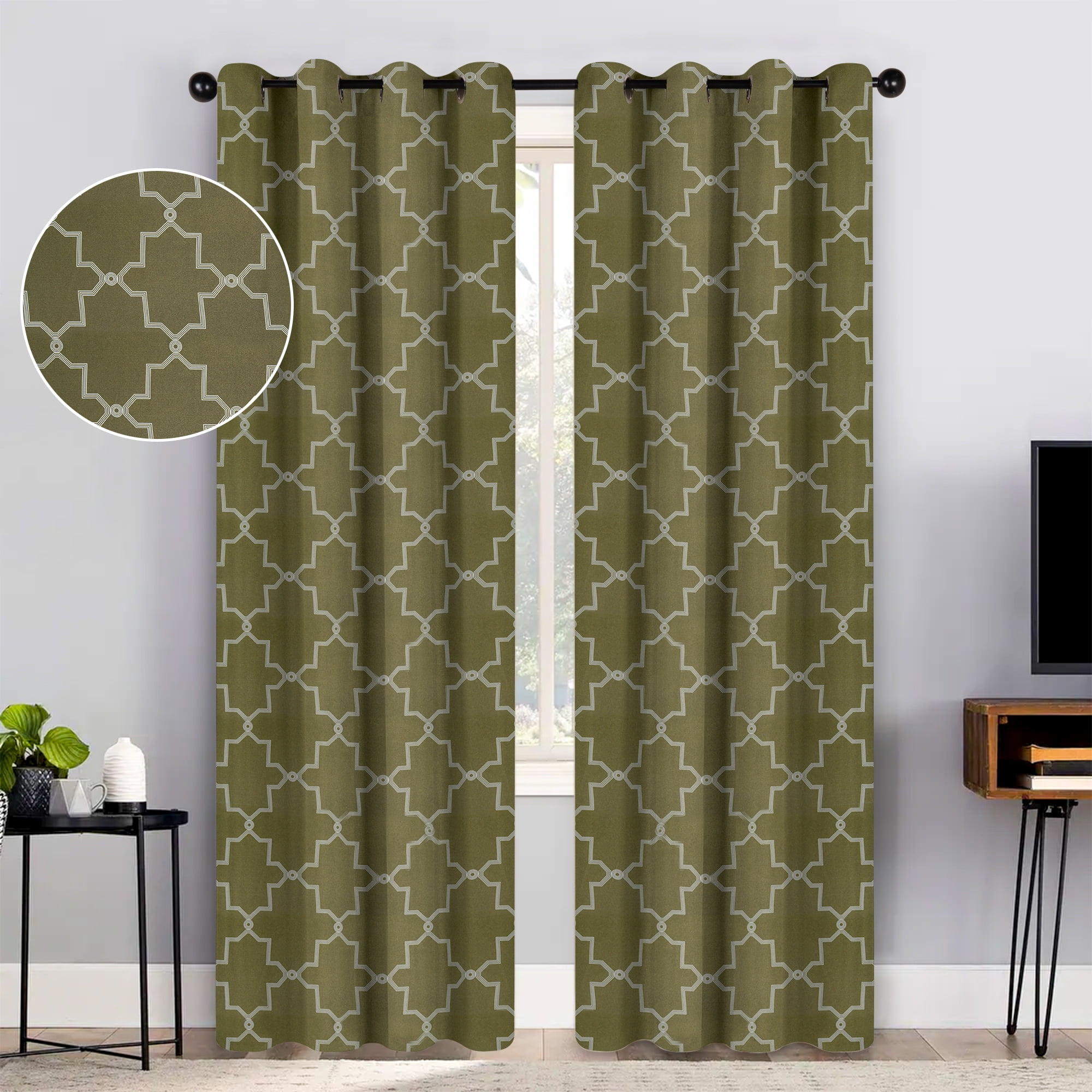 Superior Trellis Blackout Grommet Curtain Panel Pair, Set of 2 Curtains, 52"W x 96"L, Olive Green