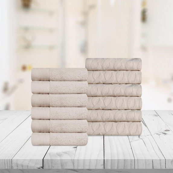 Superior Turkish Cotton Highly-absorbent 12-Piece Face Towel Set for Bathroom, Spa, and Gym, Ivory