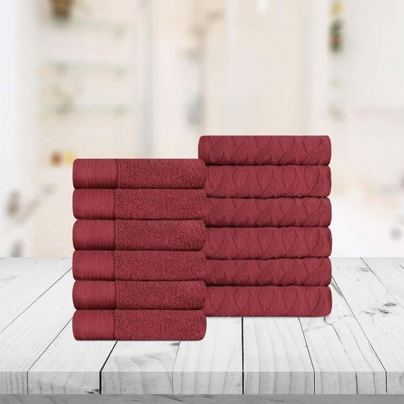 Superior Turkish Cotton Highly-absorbent 12-Piece Face Towel Set for Bathroom, Spa, and Gym, Maroon