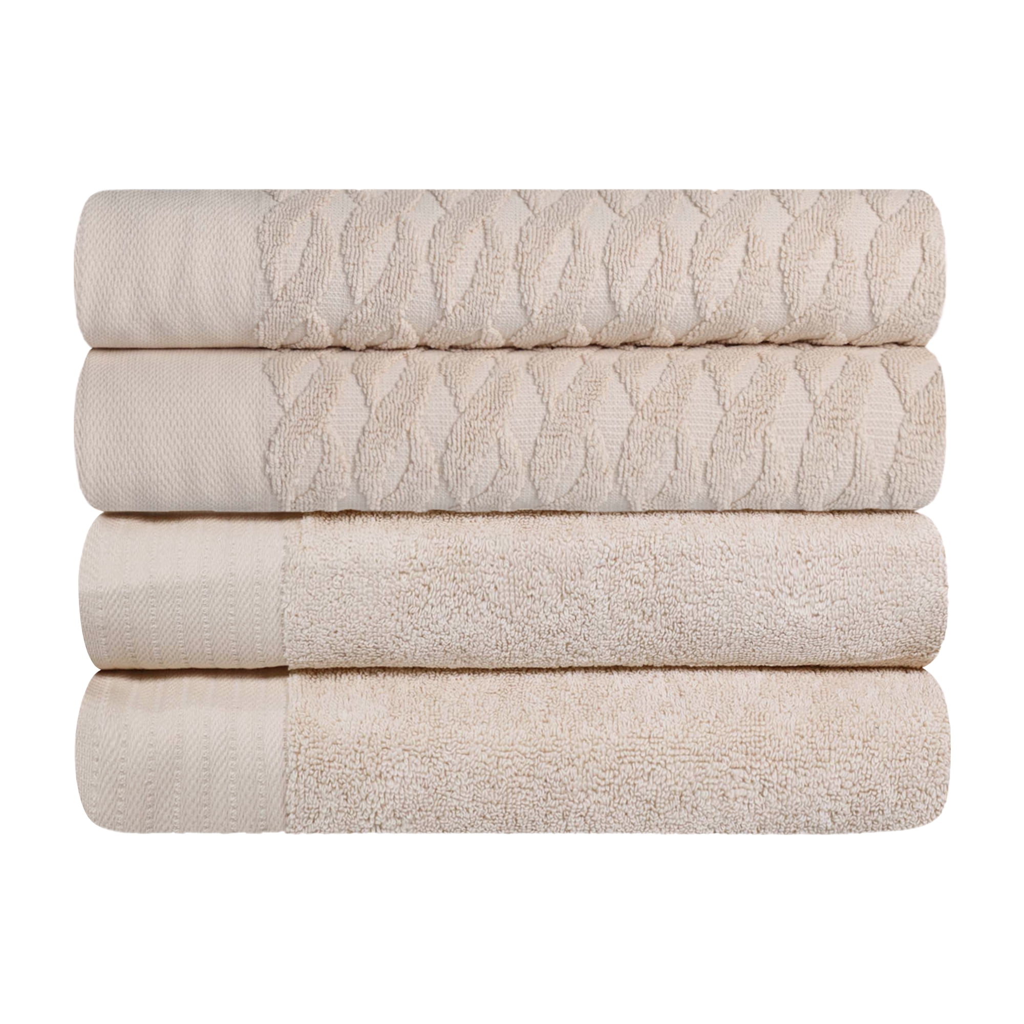 Superior Cotton Jacquard Absorbent Medium Weight 4 Piece Bath Towel Set - Ivory-Navy