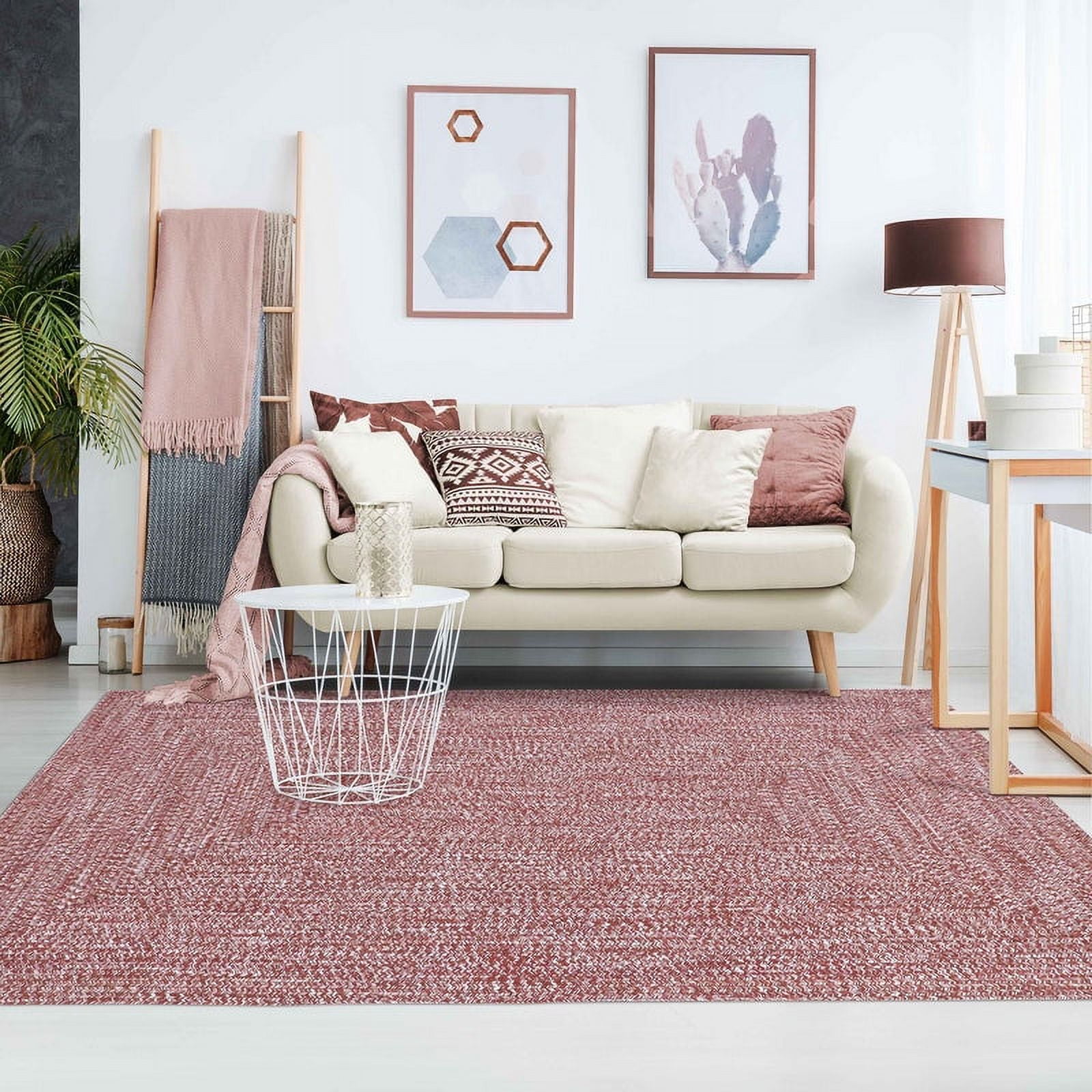 Brick-White Bohemian Braided Oval Rug, 6' x 9', Easy Care and Reversible