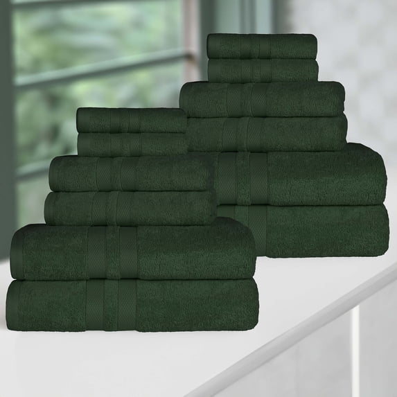 Superior Ultra Soft Cotton Solid 12-Piece Towel Sets, Forest Green