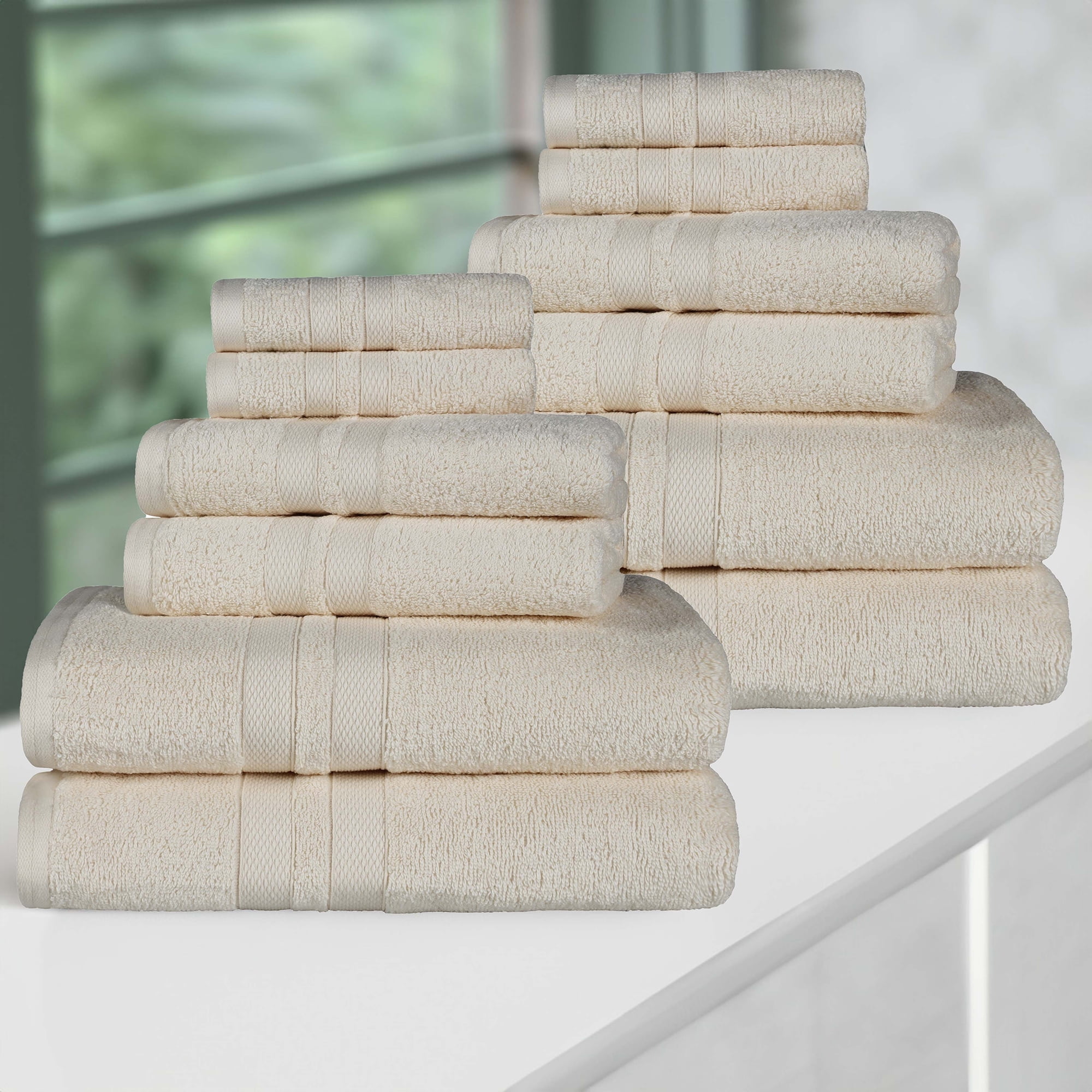 Ivory Ultra-Soft Cotton 12-Piece Towel Set with Dobby Border