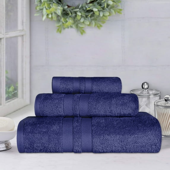 Superior Ultra Soft Cotton Solid 3-Piece Towel Sets, Navy Blue