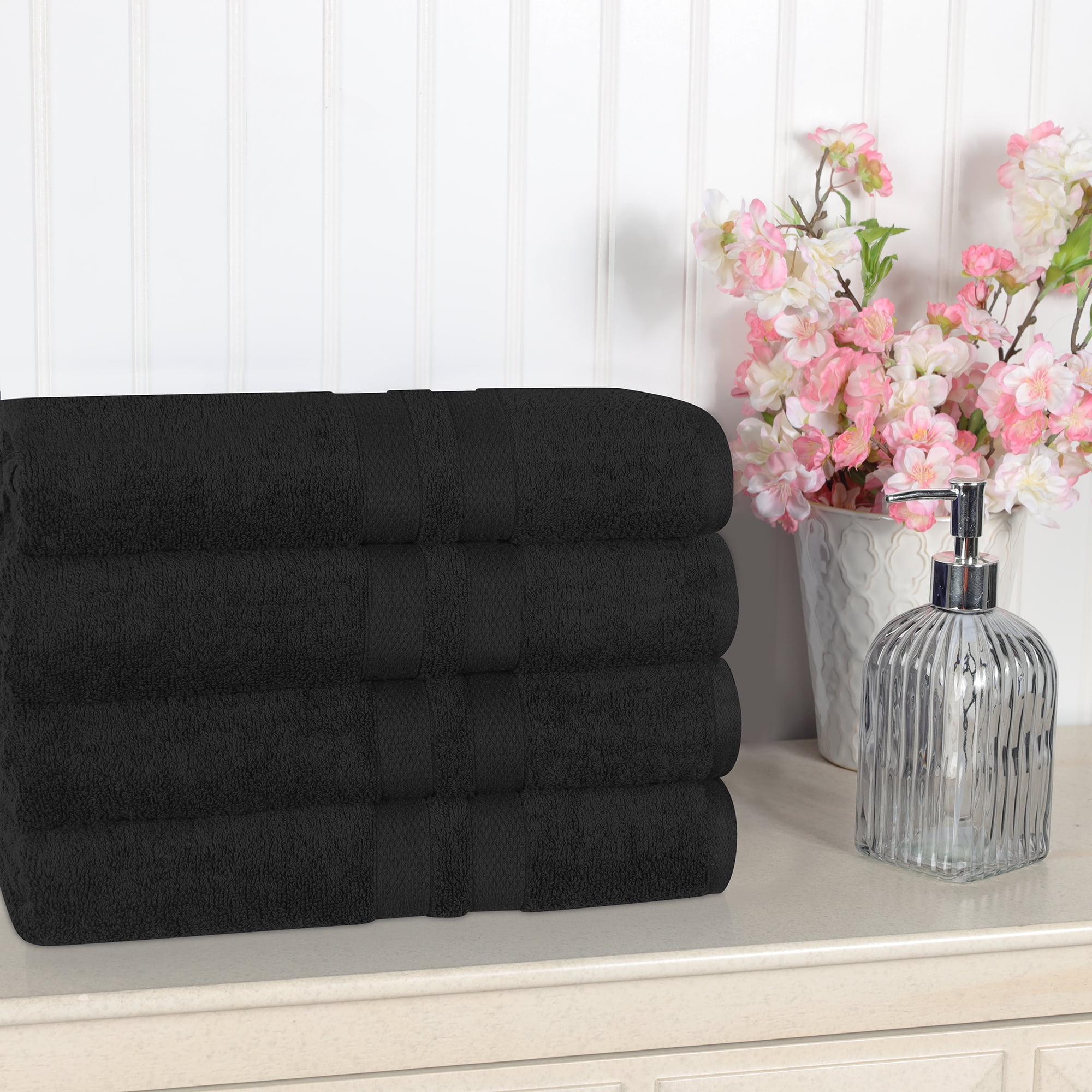 Superior Ultra Soft Cotton Solid 4-Piece Bath Towel Sets, Black ...