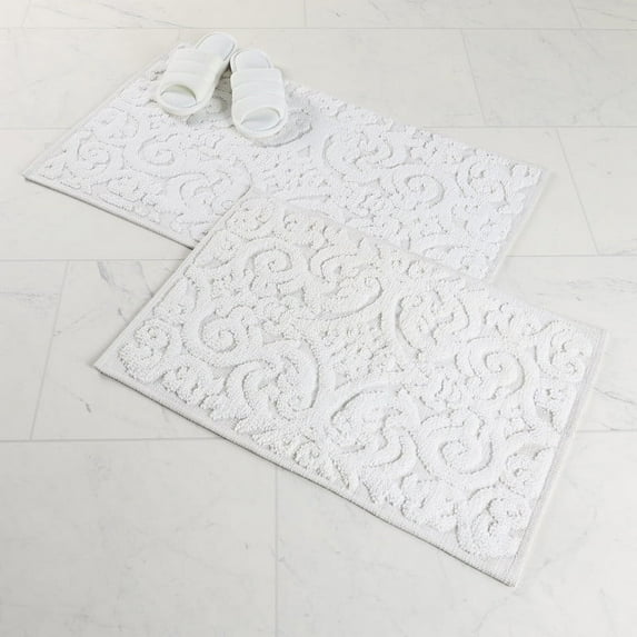 Superior Venere Floral Scroll Washable Bath Rug, Set of 2, Large, White
