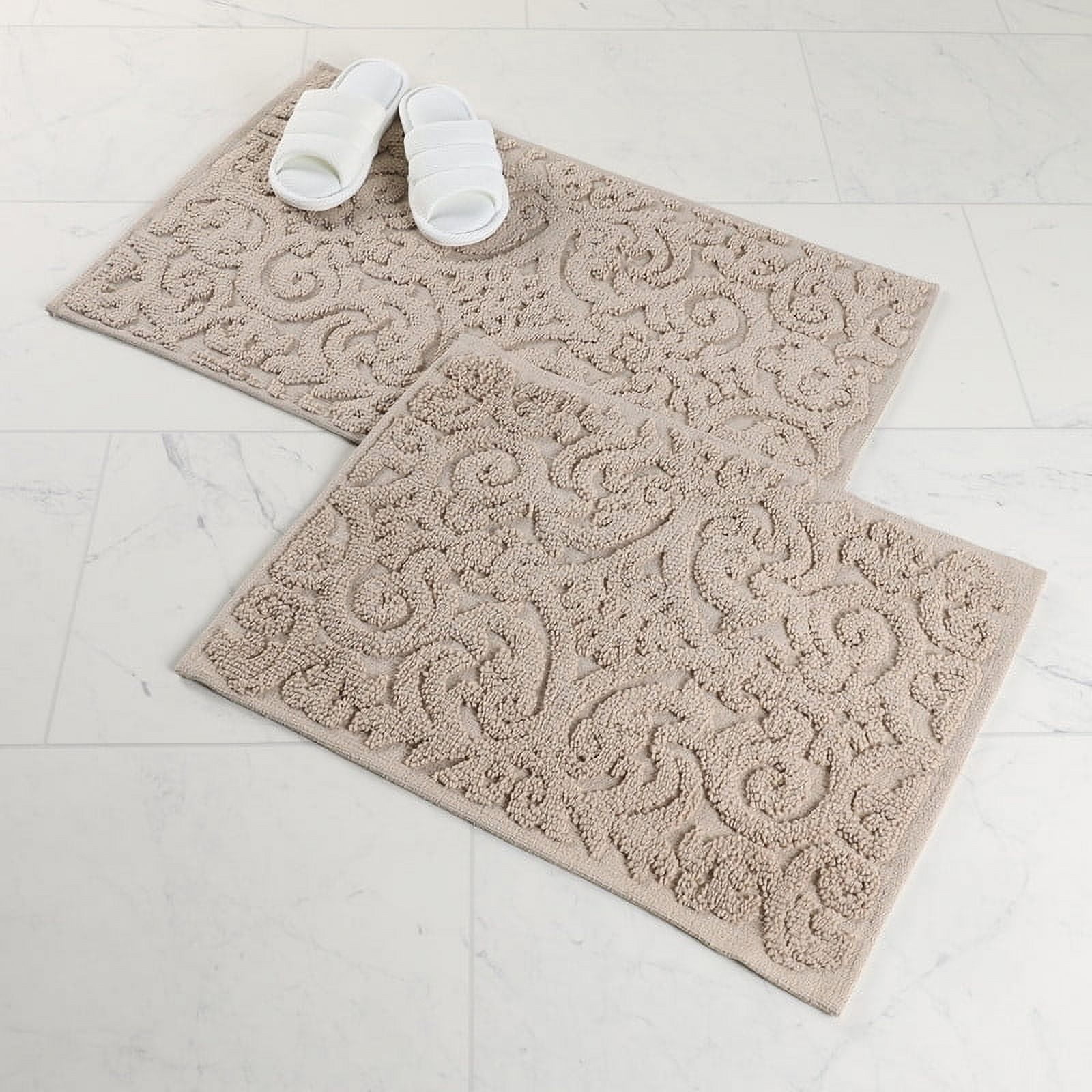 Medium Beige Polyester Floral Scroll Bath Rug Set