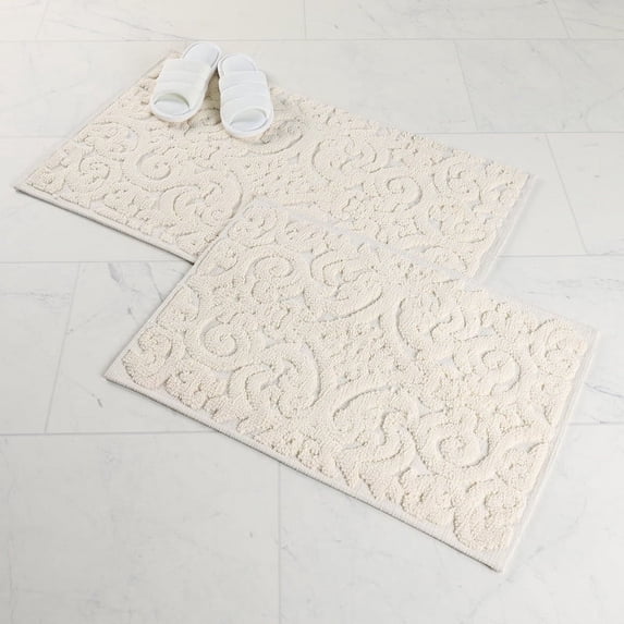 Superior Venere Floral Scroll Washable Bath Rug, Set of 2, Medium, Ivory