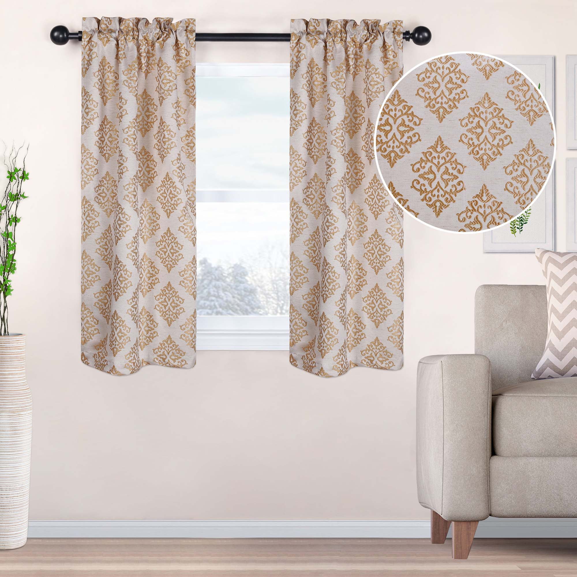 Gold Damask Jacquard Light-Filtering Rod Pocket Curtains, 26" x 63"