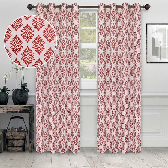 Superior Venetian Damask Jacquard Grommet Curtain Panel, Set of 2, 52" x 108", Ruby
