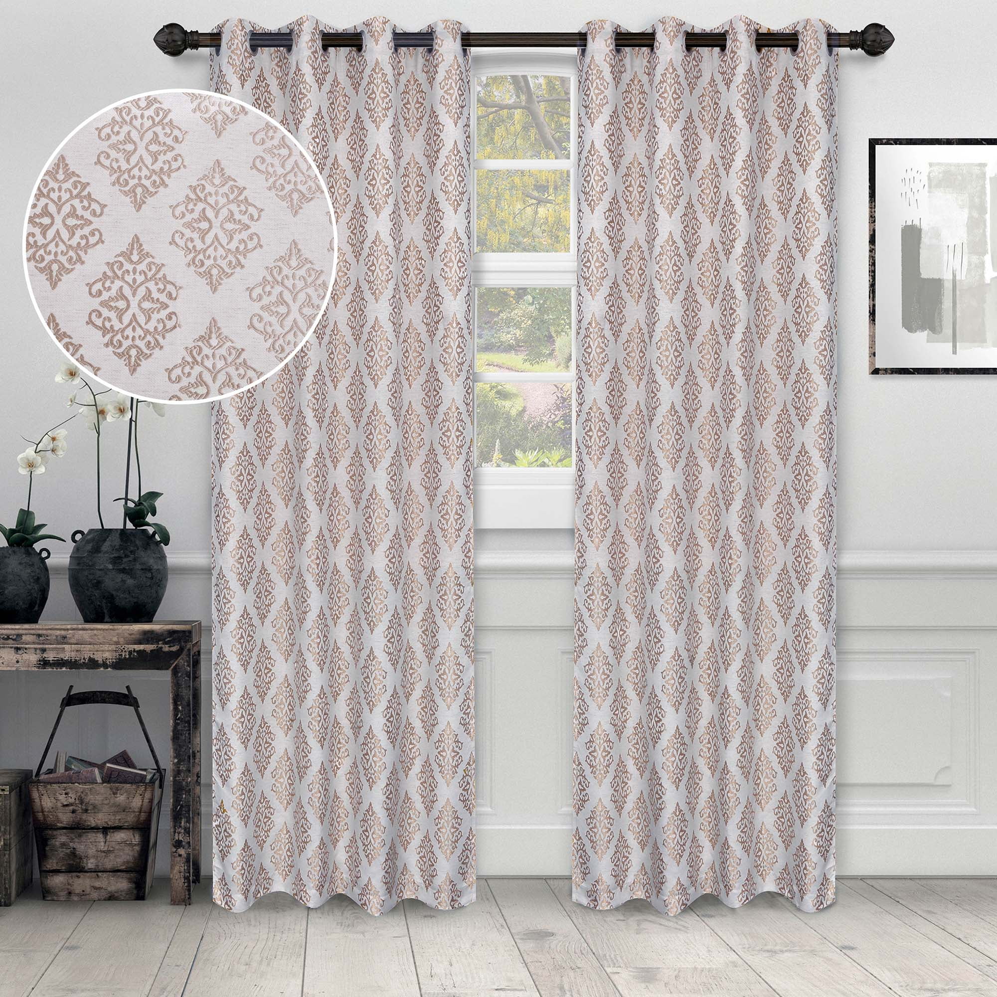 Superior Venetian Damask Jacquard Grommet Curtain Panel, Set of 2, 52" x 84", Brass