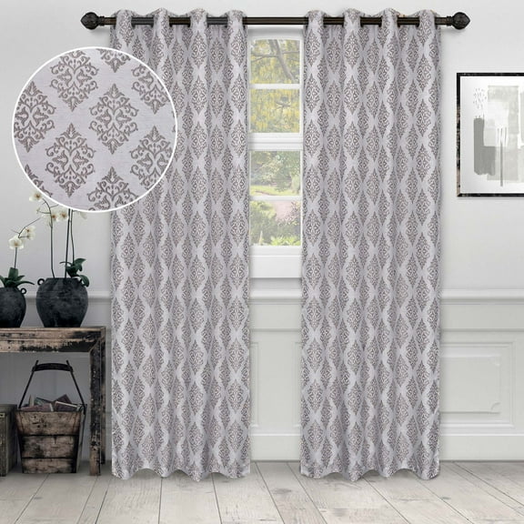 Superior Venetian Damask Jacquard Grommet Curtain Panel, Set of 2, 52" x 84", Nickel