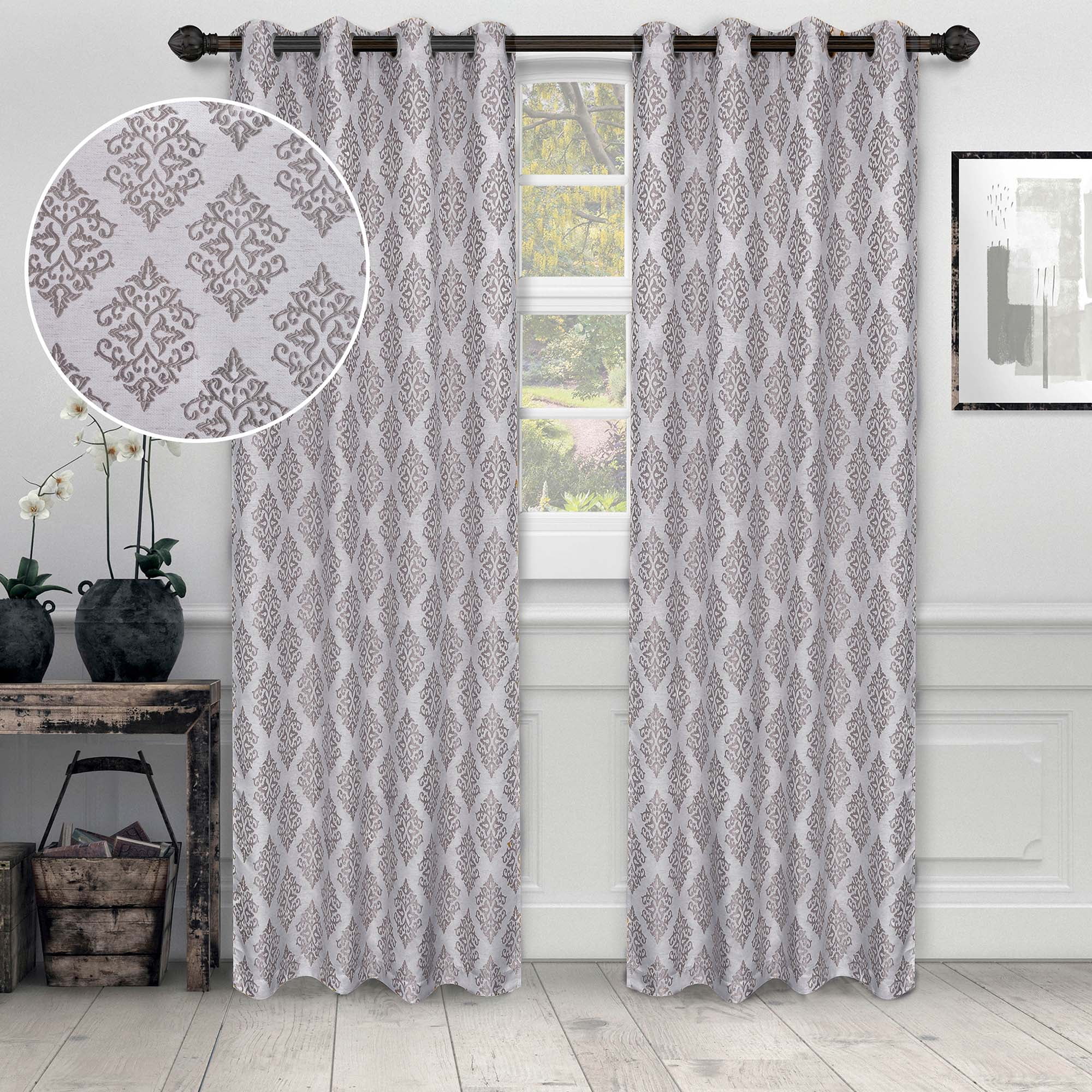 Superior Venetian Damask Jacquard Grommet Curtain Panel, Set of 2, 52" x 63", Nickel