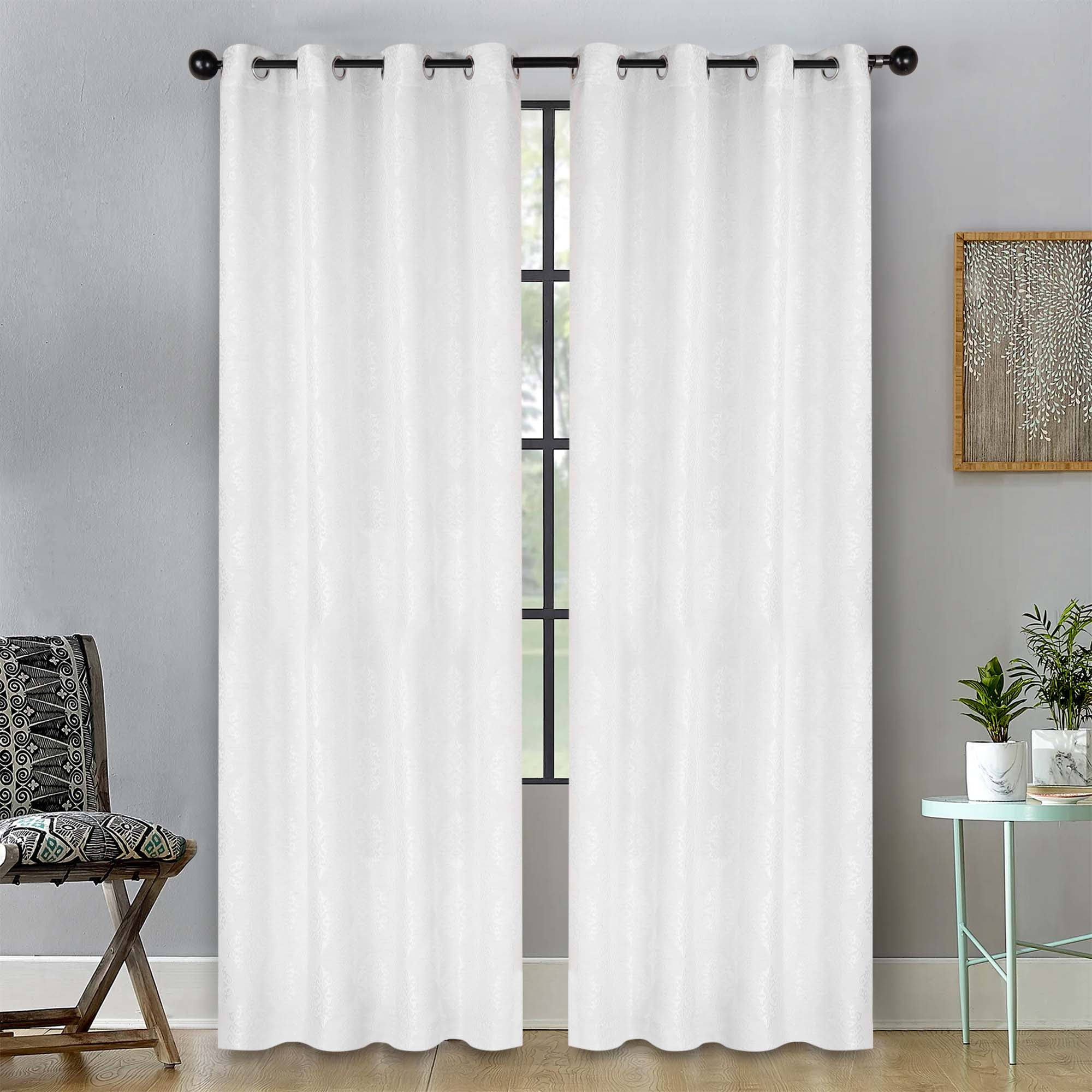 Superior Venetian Damask Jacquard Grommet Curtain Panel, Set of 2, 52" x 84", White