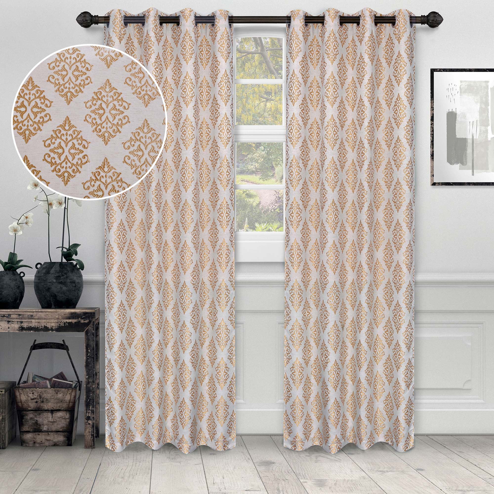 Superior Venetian Damask Jacquard Grommet Curtain Panel, Set of 2, 52" x 96", Gold