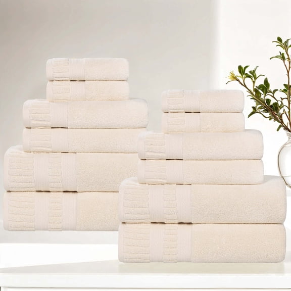 Superior Venice Ribbed Textured Border Zero Twist 12 Piece Towel Set, Ivory