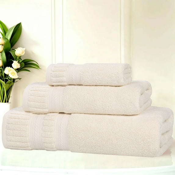 Superior Venice Ribbed Textured Border Zero Twist 3 Piece Towel Set, Ivory