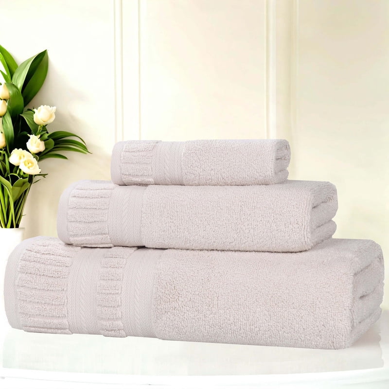 Superior Venice Ribbed Textured Border Zero Twist 3 Piece Towel Set, Silver