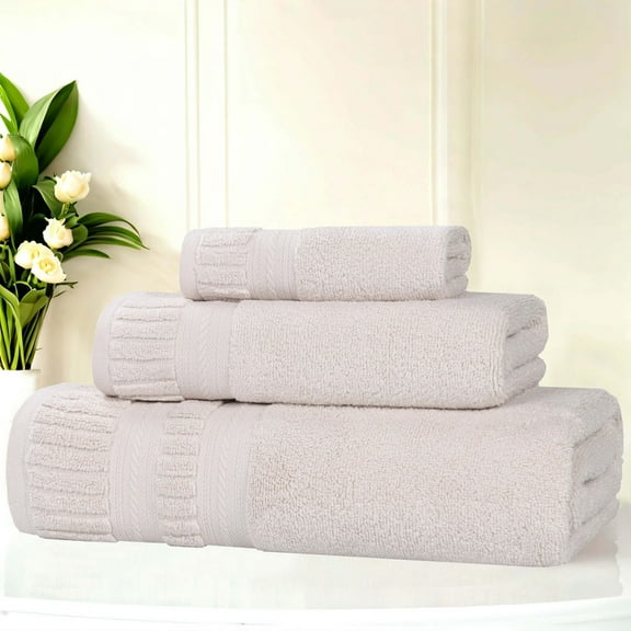 Superior Venice Ribbed Textured Border Zero Twist 3 Piece Towel Set, Silver