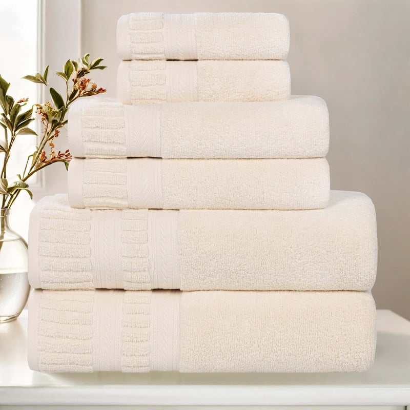 Superior Venice Ribbed Textured Border Zero Twist 6 Piece Towel Set, Ivory