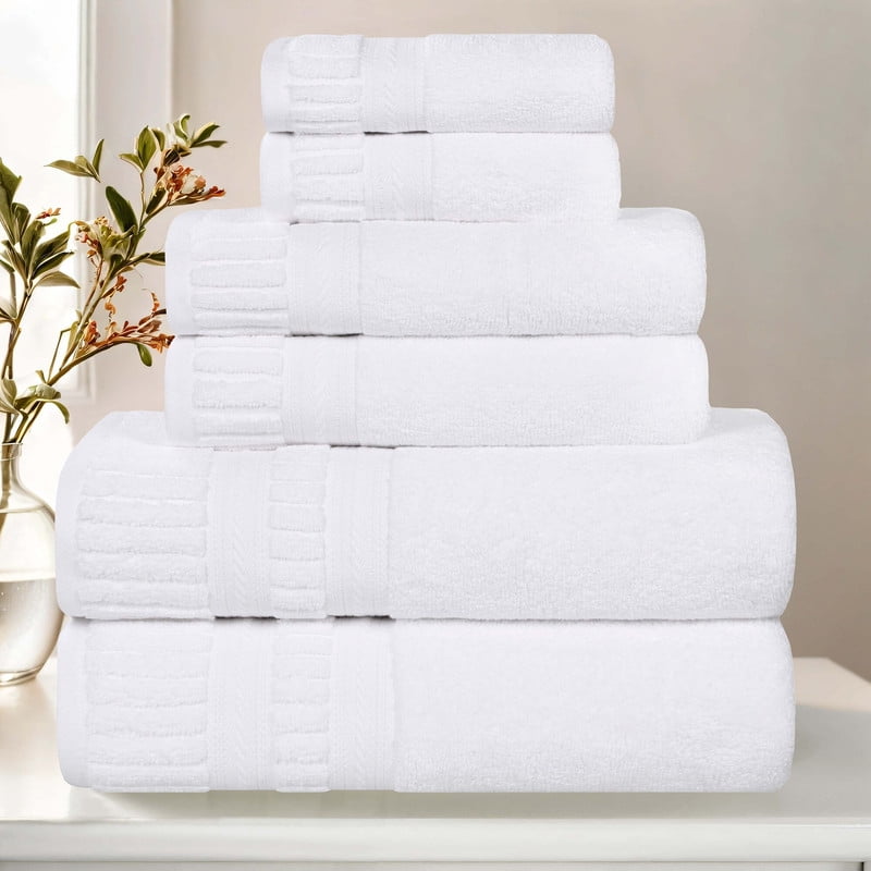 Superior Venice Ribbed Textured Border Zero Twist 6 Piece Towel Set, White