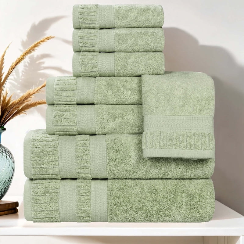 Superior Venice Ribbed Textured Border Zero Twist 8 Piece Towel Set, Green