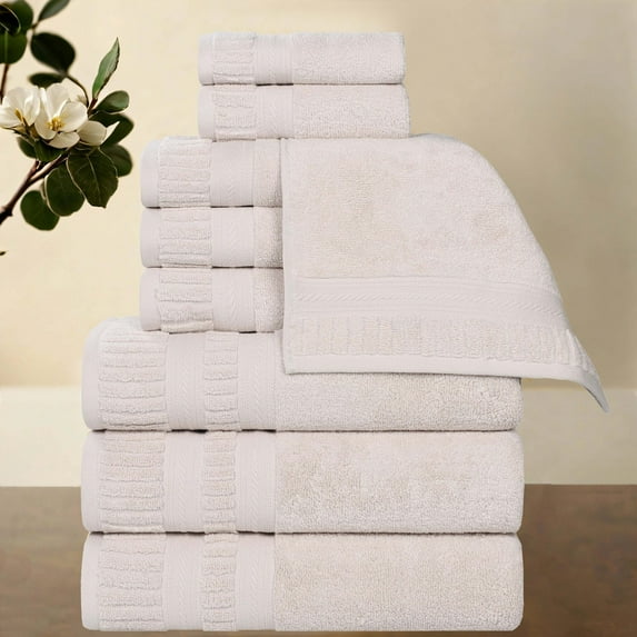 Superior Venice Ribbed Textured Border Zero Twist 9 Piece Towel Set, Silver
