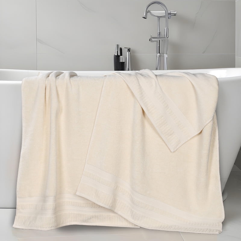 Superior Venice Ribbed Textured Border Zero Twist Bath Sheets, Set of 2, Ivory