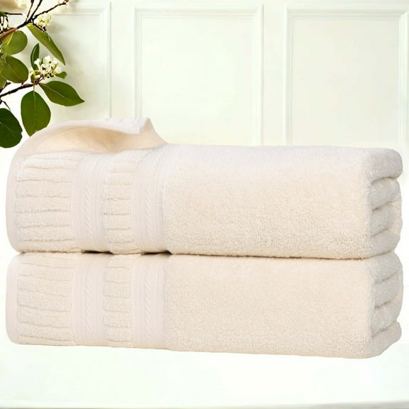 Superior Venice Ribbed Textured Border Zero Twist Bath Towels, Set of 2, Ivory