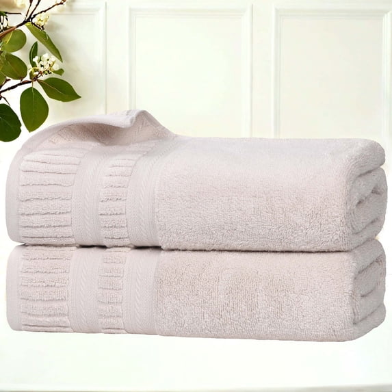 Superior Venice Ribbed Textured Border Zero Twist Bath Towels, Set of 2, Silver