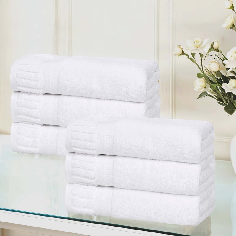 White Cotton 6 Piece Hand Towels Set with Ribbed Border