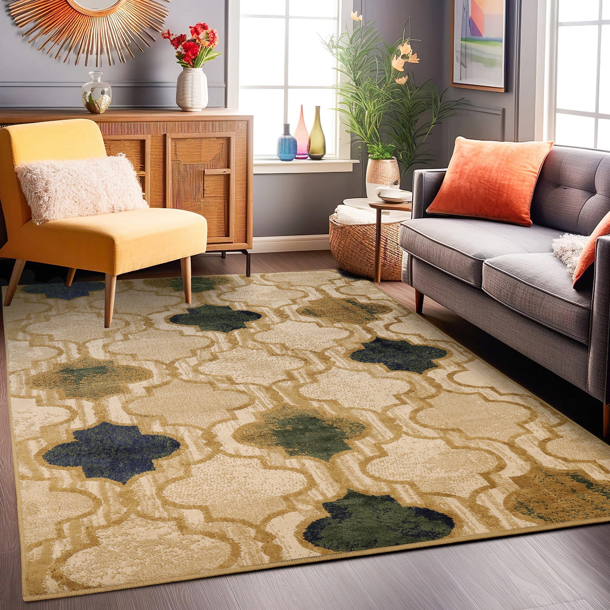 Cream and Beige Trellis Pattern Synthetic Area Rug, 5' x 8'