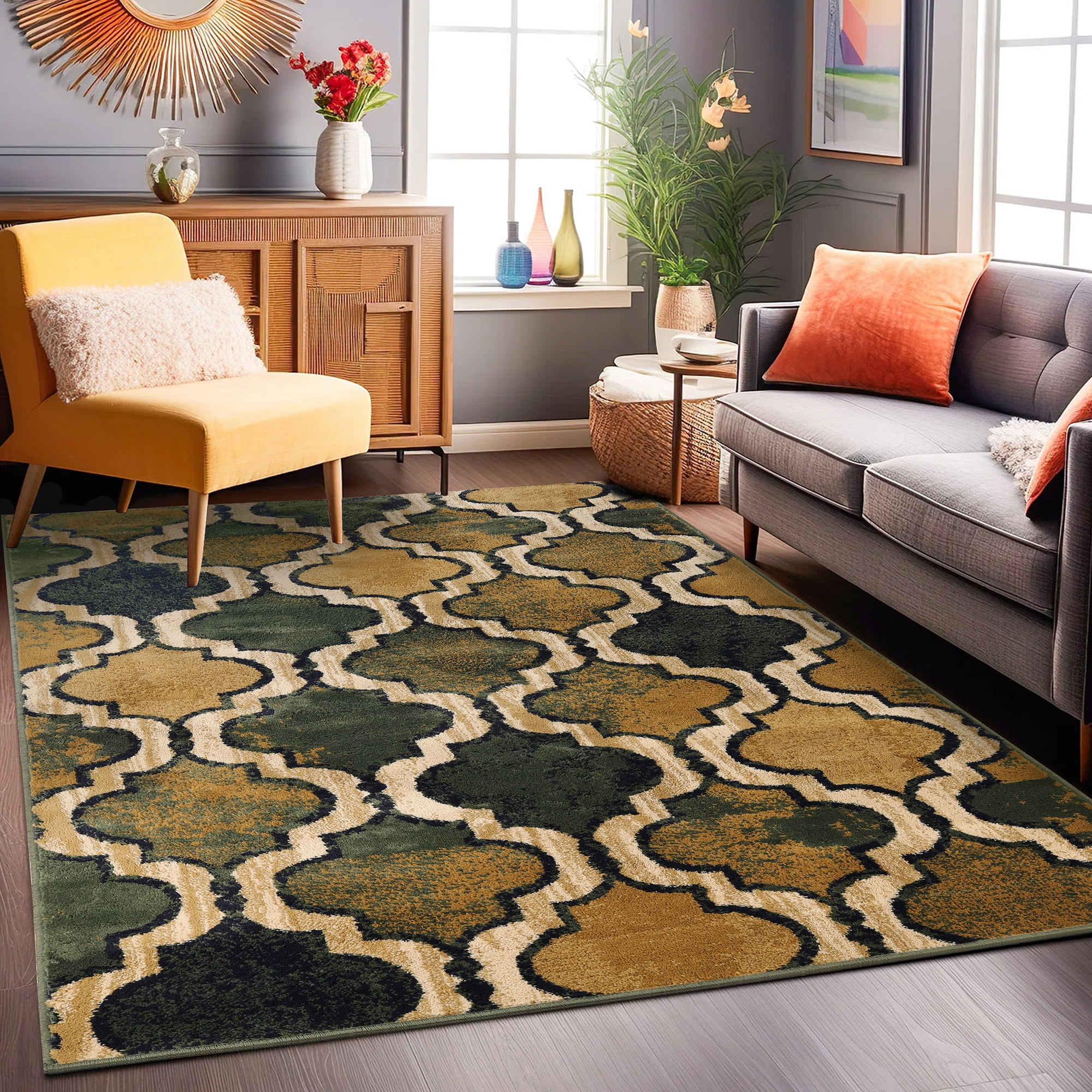 Green Geometric Trellis Polypropylene Indoor Area Rug, 5' x 8'