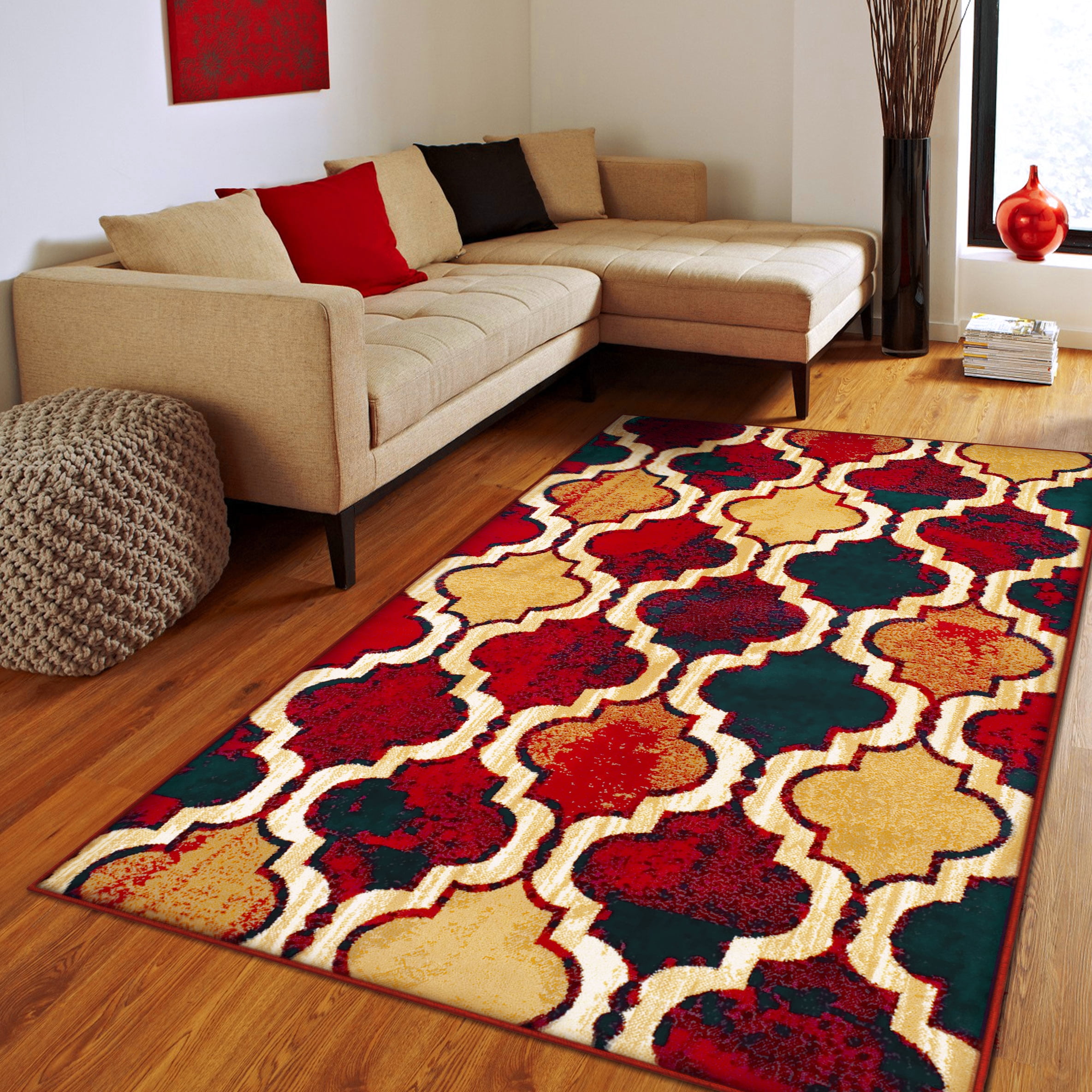 Red and Blue Geometric Trellis Synthetic Area Rug, 5' x 8'