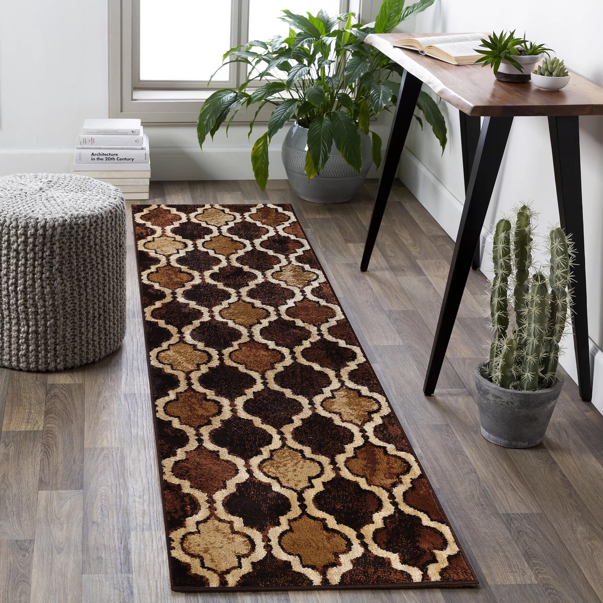 Coffee Trellis Pattern Medium Pile Polypropylene Runner Rug
