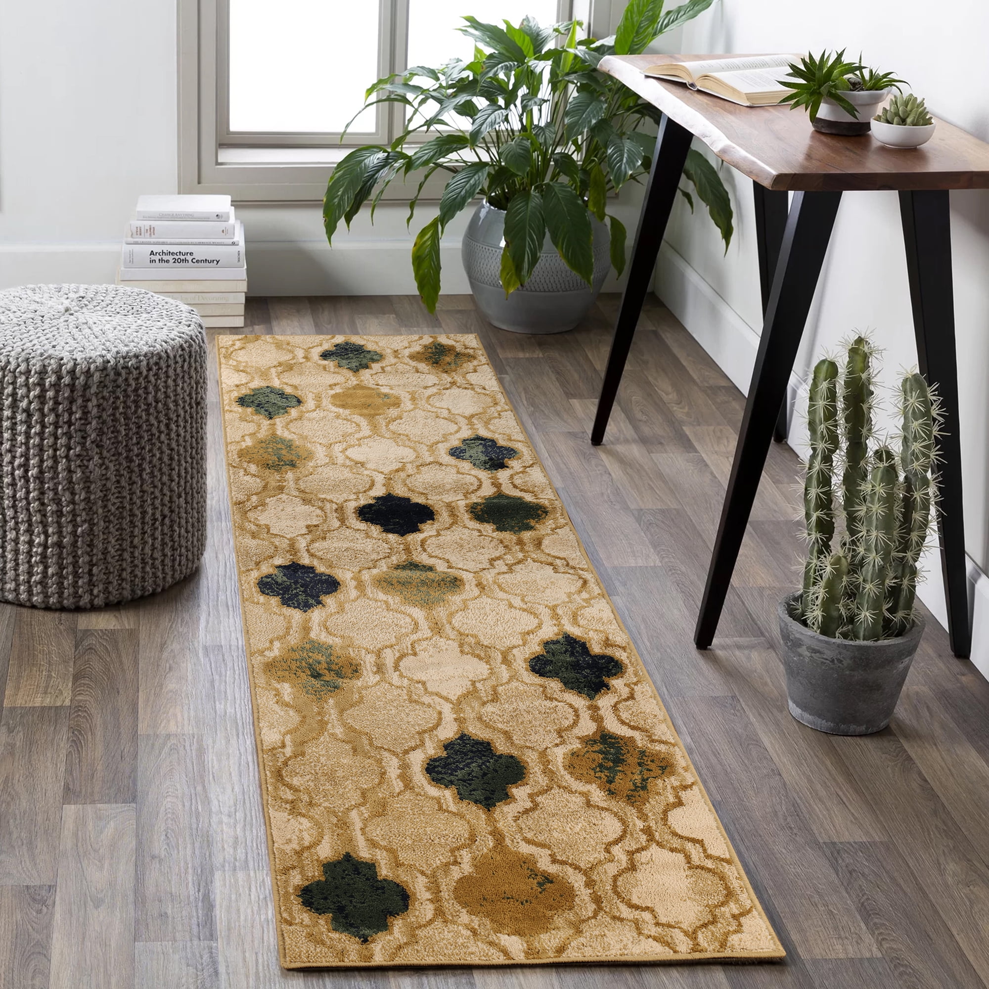 Cream and Beige Geometric Trellis Polypropylene Runner Rug